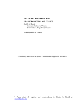 PHILOSOPHY and PRACTICE of ISLAMIC ECONOMICS and FINANCE Shaikh A