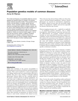 Population Genetics Models of Common Diseases Anna Di Rienzo