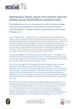 Mediobanca Group, Milan City Council and CUS Milano Rugby TOGETHER to Promote Sport