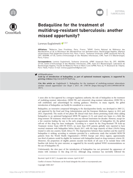 Bedaquiline for the Treatment of Multidrug-Resistant Tuberculosis: Another Missed Opportunity?