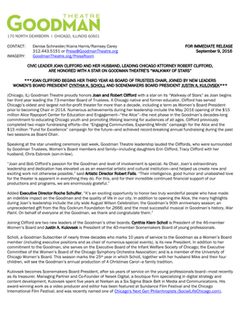 Denise Schneider/Kiana Harris/Ramsey Carey for IMMEDIATE RELEASE 312.443.5151 Or Press@Goodmantheatre.Org September 9, 2016 IMAGERY: Goodmantheatre.Org/Pressroom
