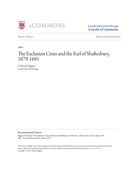 The Exclusion Crisis and the Earl of Shaftesbury, 1679-1681 F