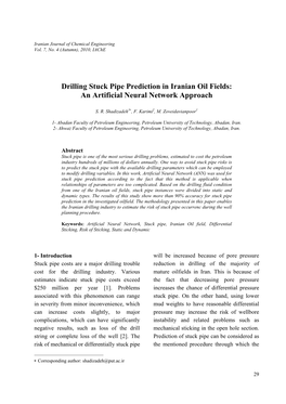 Drilling Stuck Pipe Prediction in Iranian Oil Fields: an Artificial Neural Network Approach