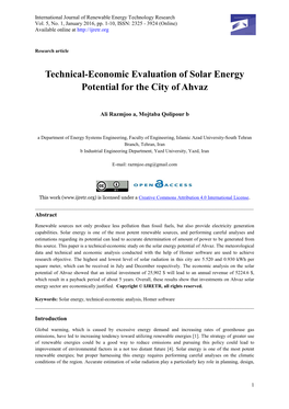 Technical-Economic Evaluation of Solar Energy Potential for the City of Ahvaz