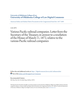 Various Pacific Railroad Companies. Letter from the Secretary of the Treasury, in Answer to a Resolution of the House of March 1