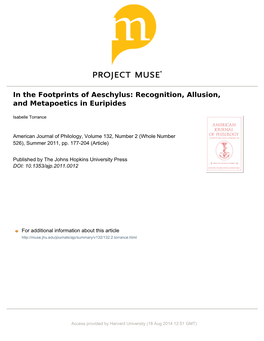 In the Footprints of Aeschylus: Recognition, Allusion, and Metapoetics in Euripides