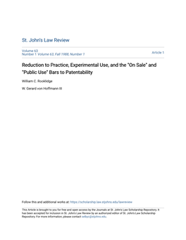 Reduction to Practice, Experimental Use, and the "On Sale" and "Public Use" Bars to Patentability