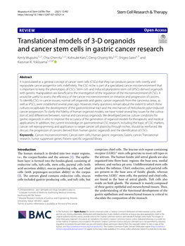 Translational Models of 3-D Organoids and Cancer Stem Cells in Gastric