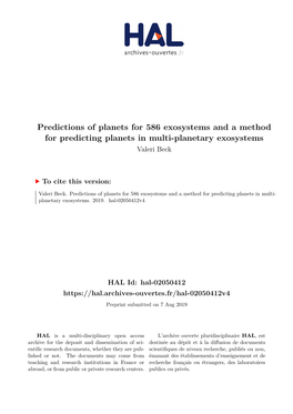 Predictions of Planets for 586 Exosystems and a Method for Predicting Planets in Multi-Planetary Exosystems Valeri Beck