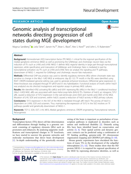 Genomic Analysis of Transcriptional Networks Directing Progression of Cell States During MGE Development Magnus Sandberg1* , Leila Taher2, Jianxin Hu3,6, Brian L