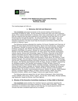 Minutes of the WADA Executive Committee Meeting 16 September 2006 Montreal, Canada