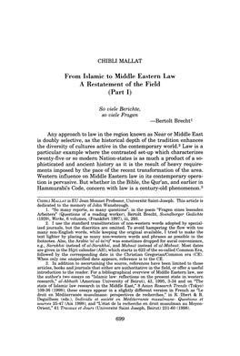 From Islamic to Middle Eastern Law a Restatement of the Field (Part I)