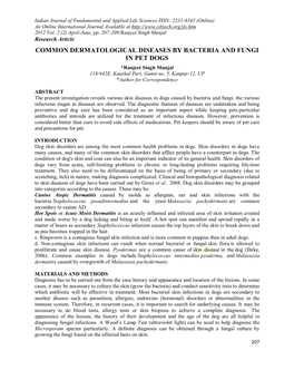 COMMON DERMATOLOGICAL DISEASES by BACTERIA and FUNGI in PET DOGS *Ranjeet Singh Munjal 118/442E, Kaushal Puri, Gumti No