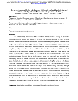 Convergent Metatarsal Fusion in Jerboas and Chickens Is Mediated by Similarities and Differences in the Patterns of Osteoblast and Osteoclast Activities Haydee L