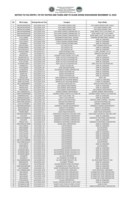 Notice to File Entry, to Pay Duties and Taxes and to Claim Goods Discharged December 14, 2020