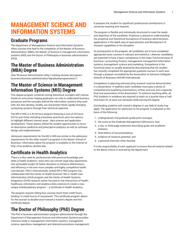 MANAGEMENT SCIENCE and INFORMATION SYSTEMS Graduate Programs