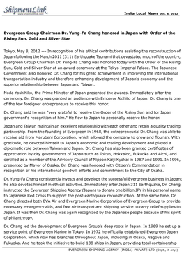 Evergreen Group Chairman Dr. Yung-Fa Chang Honored in Japan with Order of the Rising Sun, Gold and Silver Star