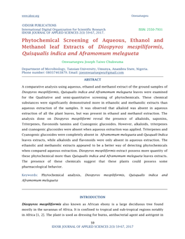 Phytochemical Screening of Aqueous, Ethanol and Methanol Leaf Extracts of Diospyros Mespiliformis, Quisqualis Indica and Aframomum Melegueta