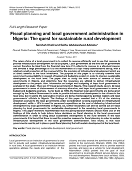 Fiscal Planning and Local Government Administration in Nigeria: the Quest for Sustainable Rural Development