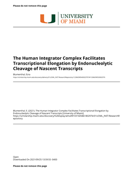 The Human Integrator Complex Facilitates Transcriptional Elongation by Endonucleolytic Cleavage of Nascent Transcripts