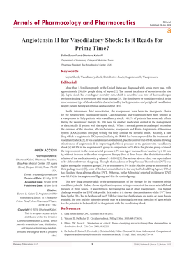 Angiotensin II for Vasodilatory Shock: Is It Ready for Prime Time?