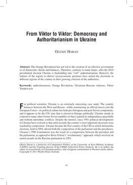 From Viktor to Viktor: Democracy and Authoritarianism in Ukraine