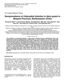 Seroprevalence of Chlamydial Infection in Dairy Goats in Shaanxi Province, Northwestern China