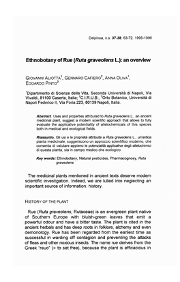 Ethnobotany of Rue (Ruta Graveolens L.): an Overview