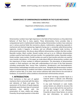 SIGNIFICANCE of DIMENSIONLESS NUMBERS in the FLUID MECHANICS Sobia Sattar, Siddra Rana Department of Mathematics, University of Wah Sobia4060@Gmail.Com