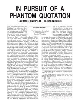 In Pursuit of a Phantom Quotation Gadamer and Pietist Hermeneutics