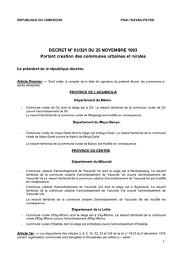 DECRET N° 93/321 DU 25 NOVEMBRE 1993 Portant Création Des Communes Urbaines Et Rurales