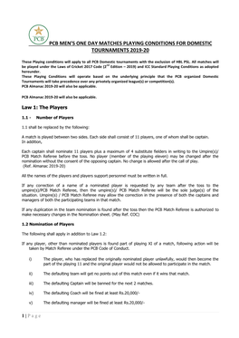 Pcb Men's One Day Matches Playing Conditions For