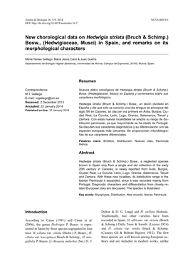 New Chorological Data on Hedwigia Striata (Bruch & Schimp.) Bosw., (Hedwigiaceae, Musci) in Spain, and Remarks on Its Morpho