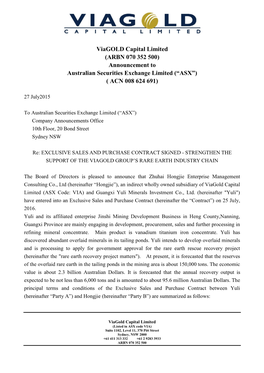 Announcement to Australian Securities Exchange Limited (“ASX”) ( ACN 008 624 691)