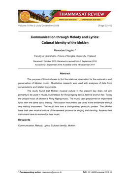 Communication Through Melody and Lyrics: Cultural Identity of the Moklen