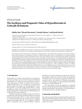 The Incidence and Prognostic Value of Hypochloremia in Critically Ill Patients