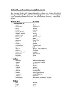 Section VII – Cardiovascular and Lymphatic Systems