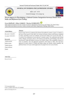 Novel Aspects in Developing a Cultural Cuisine Integration Between Paneer from India and Molasses from Turkey