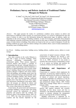 Preliminary Survey and Defects Analysis of Traditional Timber Mosques in Malaysia