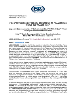 Fox Sports Kicks Off 100-Day Countdown to Fifa Women's World Cup France 2019