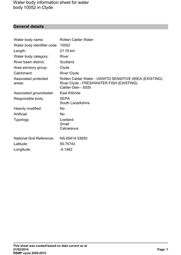 Water Body Information Sheet for Water Body 10052 in Clyde General Details