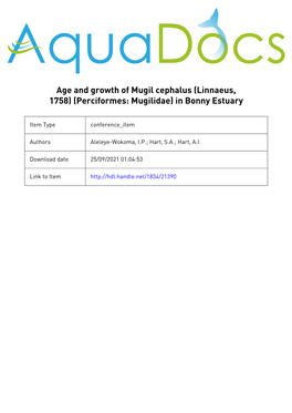 Age and Growth of Mugil Cephalus (Linnaeus, 1758) (Perciformes: Mugilidae) in Bonny Estuary