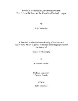 Football, Nationalism, and Protectionism: the Federal Defence of the Canadian Football League
