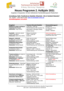 Neues Programm 2. Halbjahr 2021 Angebote in Kooperation Mit Dem Katholischen Familienbildungswerk Meckenheim