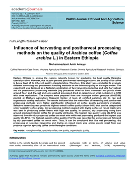 Influence of Harvesting and Postharvest Processing Methods on the Quality of Arabica Coffee (Coffea Arabica L.) in Eastern Ethiopia