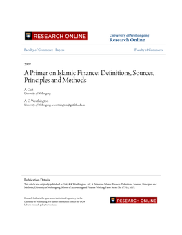 A Primer on Islamic Finance: Definitions, Sources, Principles and Methods A