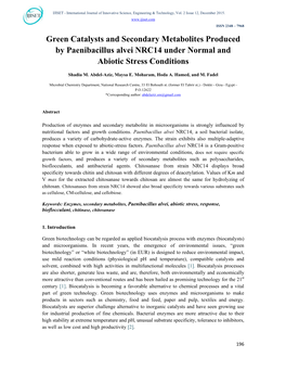 Green Catalysts and Secondary Metabolites Produced by Paenibacillus Alvei NRC14 Under Normal and Abiotic Stress Conditions