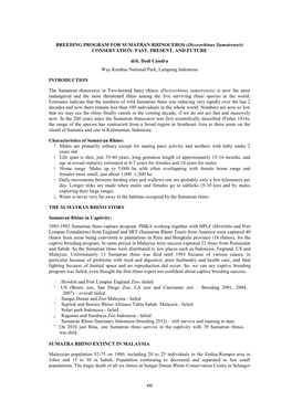 BREEDING PROGRAM for SUMATRAN RHINOCEROS (Dicerorhinus Sumatrensis) CONSERVATION: PAST, PRESENT, and FUTURE