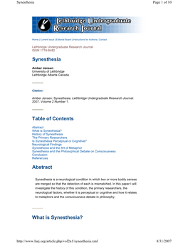 Synesthesia Table of Contents Abstract What Is Synesthesia?