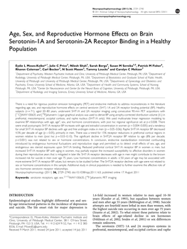 Age, Sex, and Reproductive Hormone Effects on Brain Serotonin-1A and Serotonin-2A Receptor Binding in a Healthy Population